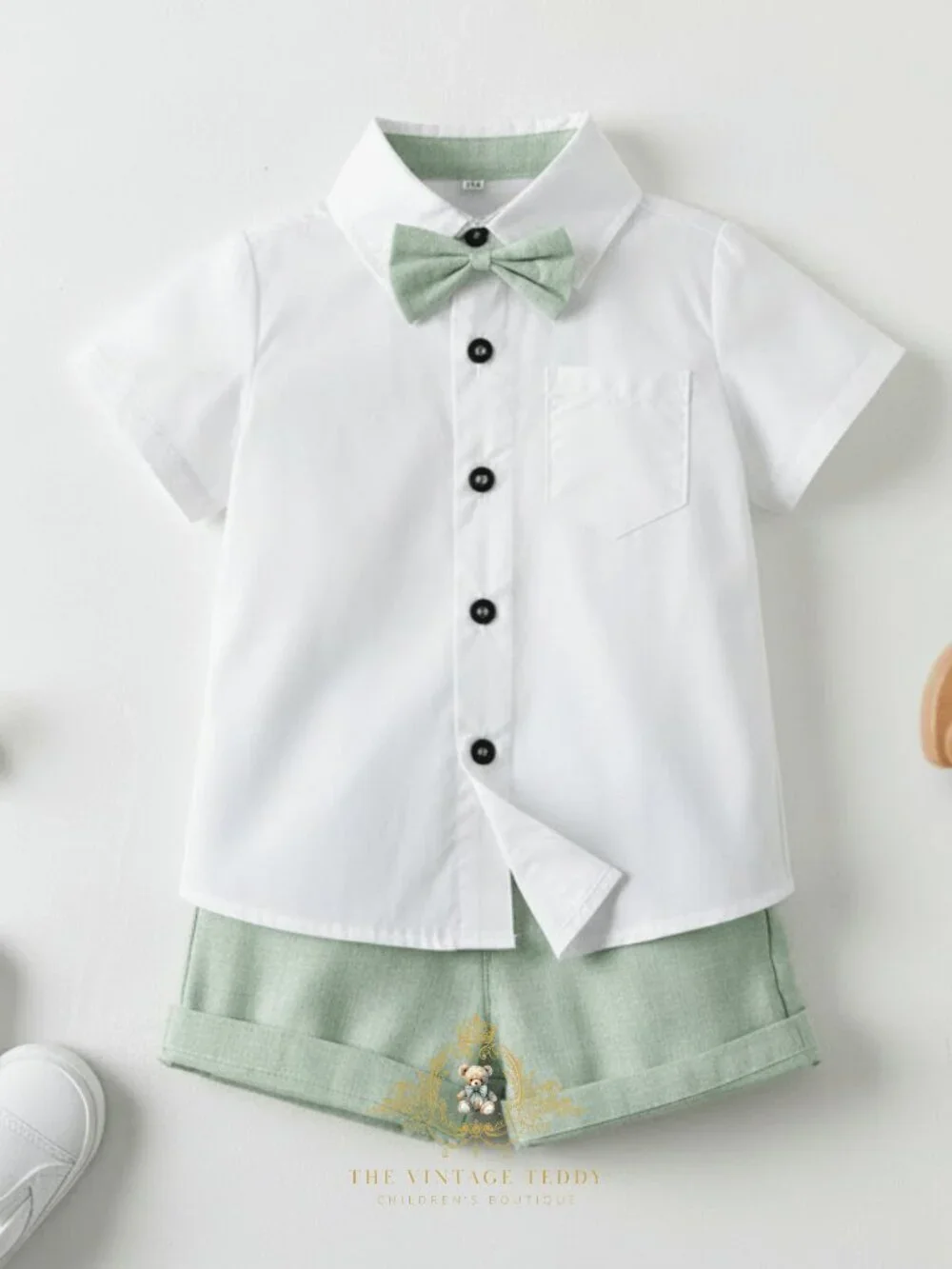 NWT Handsome Boys Oxford Button Down Shirt Shorts & Bow Tie Kids Matching Set 2T